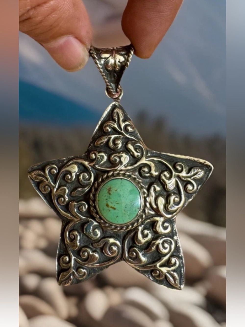 Handcrafted & Carved Turquoise Star Pendant Set In Silver 3.2”inch & 34grams